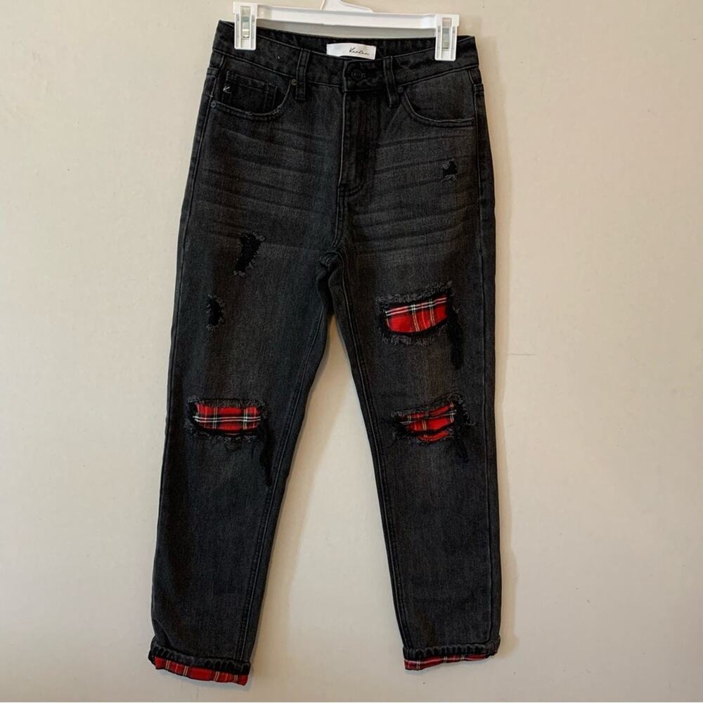 Kancan Black Plaid Patch Distressed High Rise Slim Straight Jeans